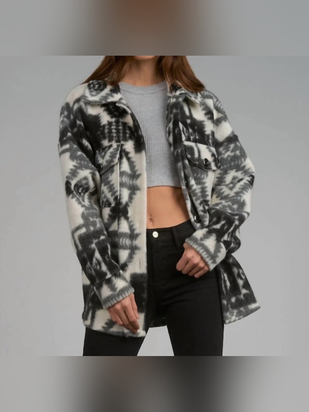 Elan "Telluride" Black & White Aztec Shacket- Relaxed & Oversized